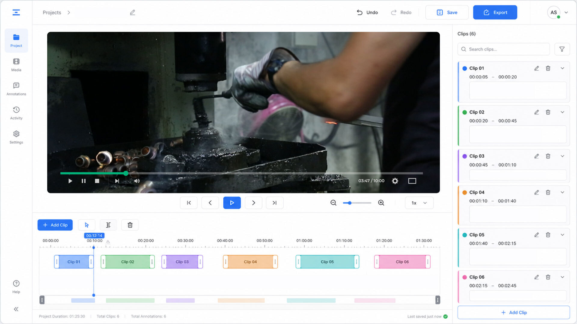 The SideCash.ai annotation workspace: a video plays on the left while a panel on the right lists six clips, each with its own start and end time and a box to write a short caption. A timeline below the video shows the six clips laid end to end.